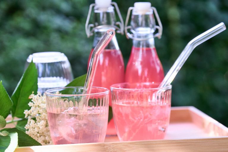 hyldeblomstsaft med rabarber i glas og flasker.