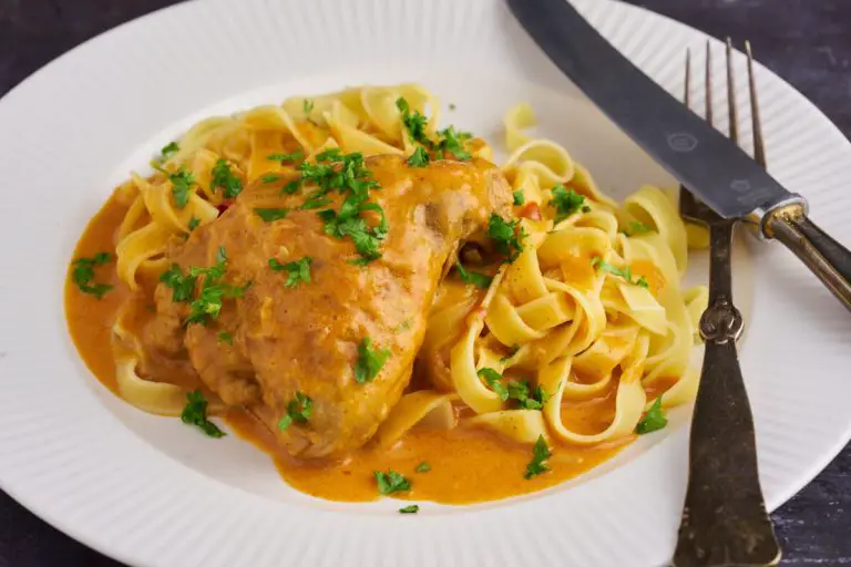 kylling paprikash på tallerken med pasta