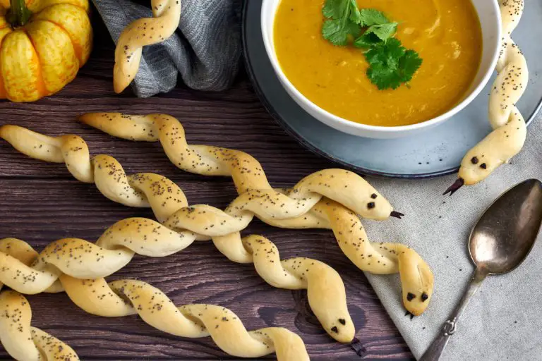 snake bread for Halloween served with pumpkin soup