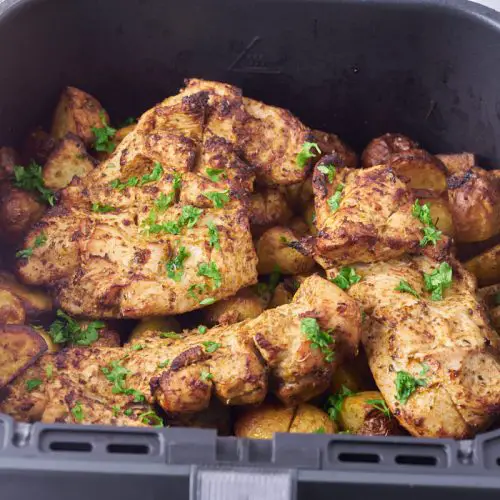 gyrosmarineret kylling i airfryer på bund af kartofler
