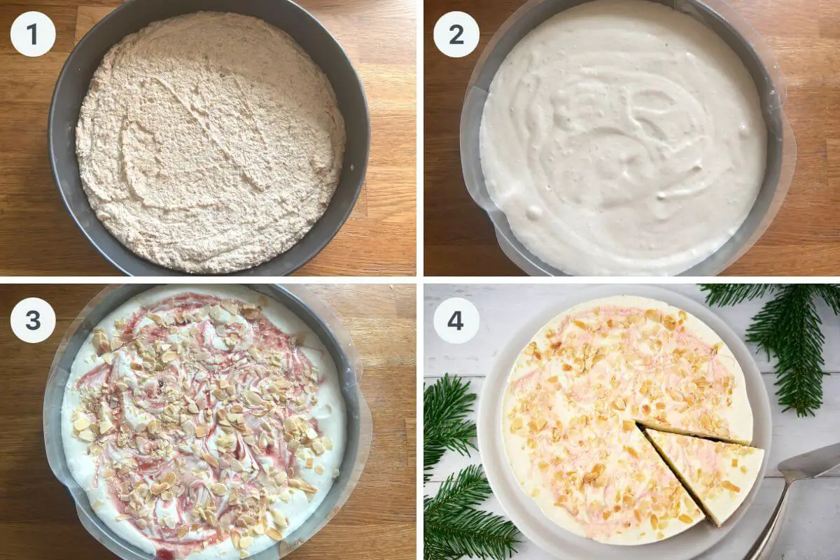 sådan laver du en risalamande islagkage, først bunden der er bagt, så iscremen der er hæld ovenpå, så pyntning af islagkagen og til sidst den færdige frosne kage.