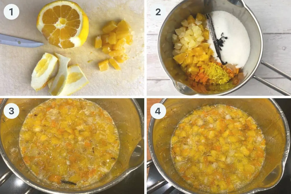 udskæring af appelsin og kogning af marmelade.