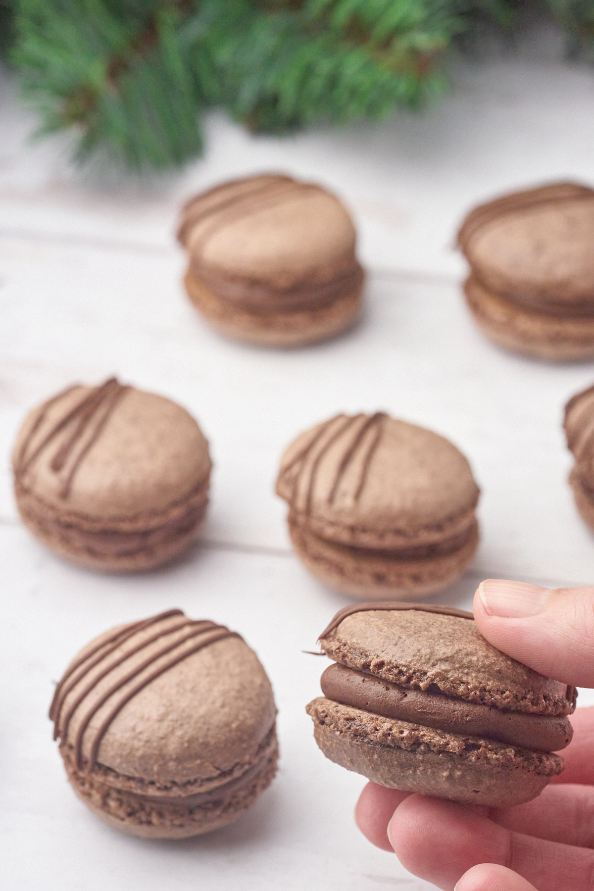 julemacarons med kakao, chokolade, kanel, nelliker og ingefær og en hånd der holder en macaron mellem fingrene.