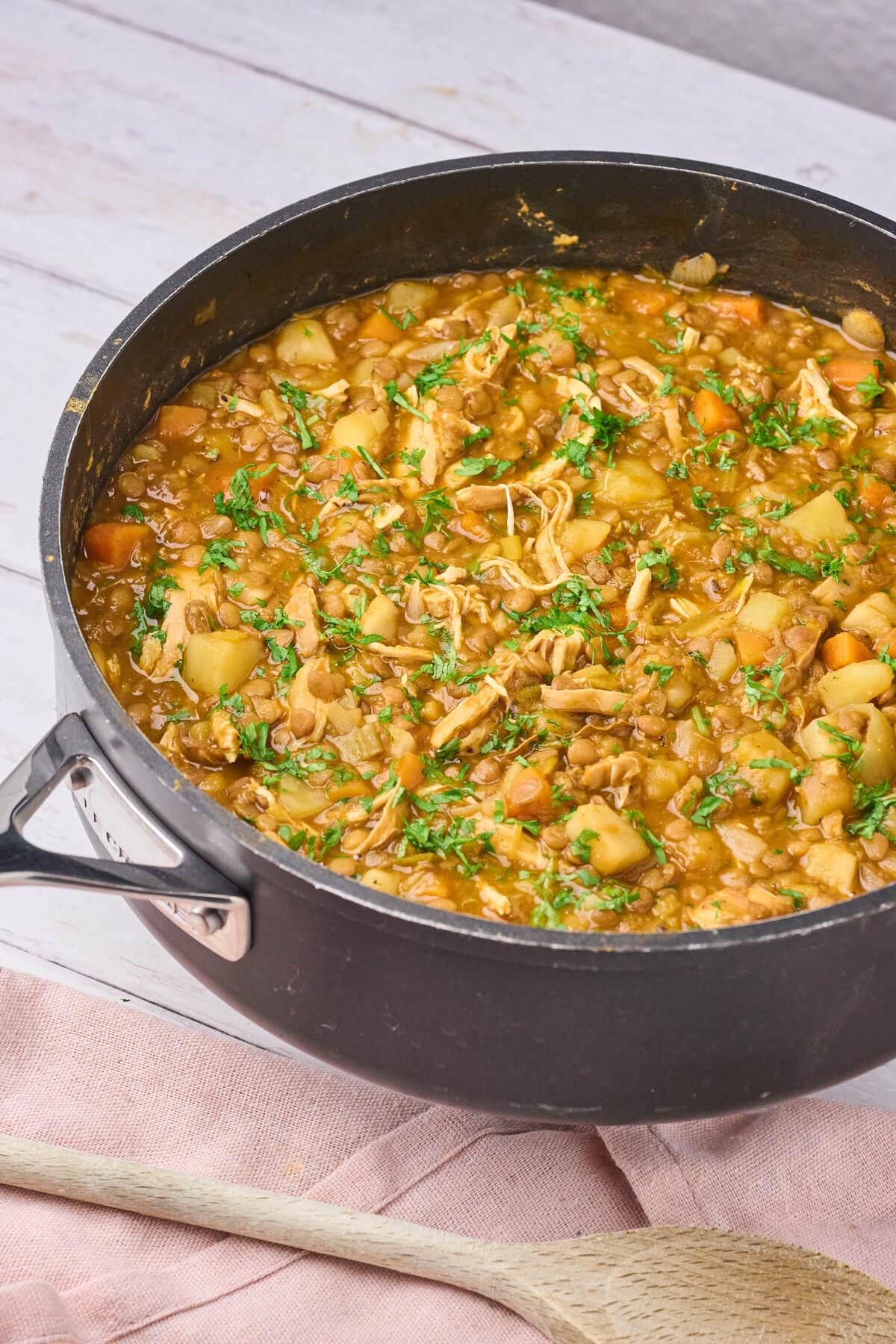 Gryderet med linser og kylling samt grøntsager.