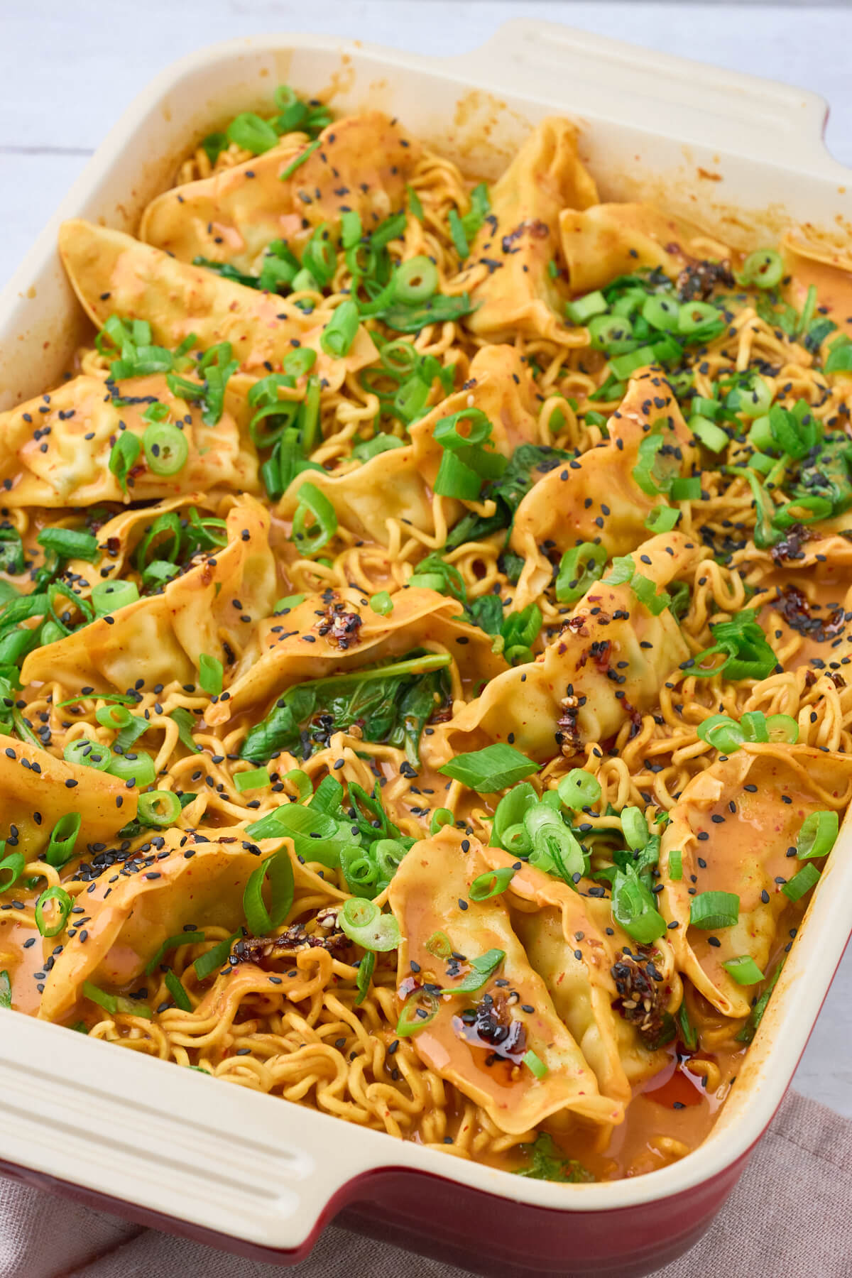 gyoza i fad med nudler og suppe.