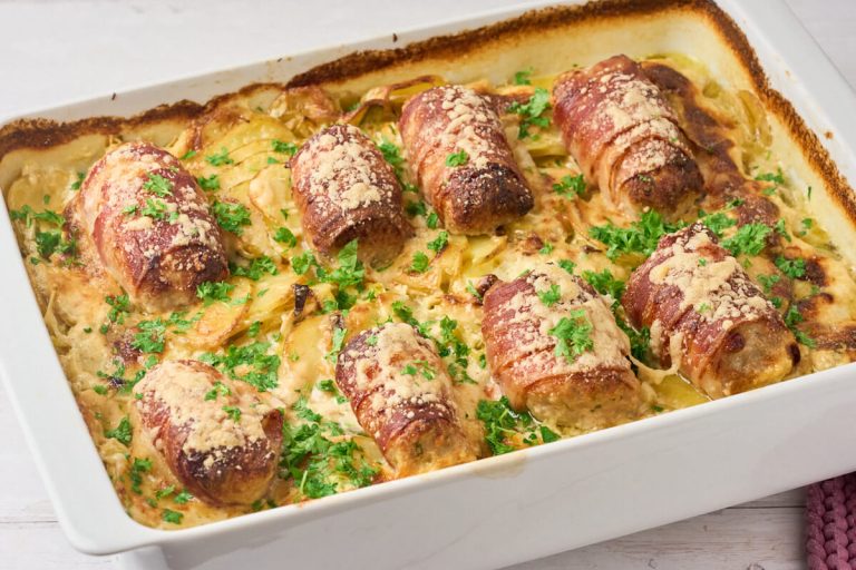 baconruller i fad med flødekartofler og porre.